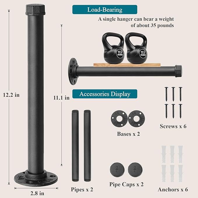 Cast Iron Wall Mounted Clothes Rack, Heavy Duty Industrial Pipe Clothing Rack for Hanging Clothes, Garment Racks for Wardrobe Organizers and Storage, DIY Closet Rods Closet Bar (Black 2 Pack, 12 in)