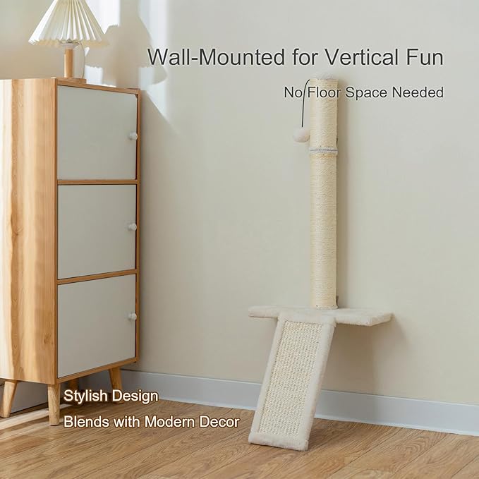 Wall-Mounted Cat Scratching Post – Space-Saving Sisal Scratcher with Ramp & Perch, Heavy-Duty Screw Mount for Stability, Protects Furniture, Ideal for Small Apartments & Large Cats, Beige