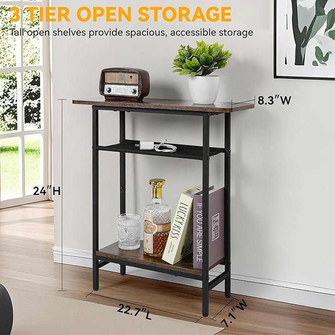 3-Tier Side Table Set of 2 for Living Room, Narrow End Table for Small Spaces with Wide Storage Top, Rustic Brown Skinny Nightstand for Bedroom, Sofa, Couch