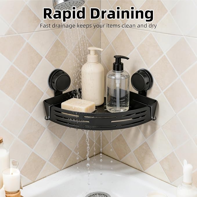 2026 New Triangle Suction Cup Corner Shower Shelf - No Drilling Bathroom Storage Rack with Towel Bar, Adhesive Organizer for Corners, Black, 3-Layer Design