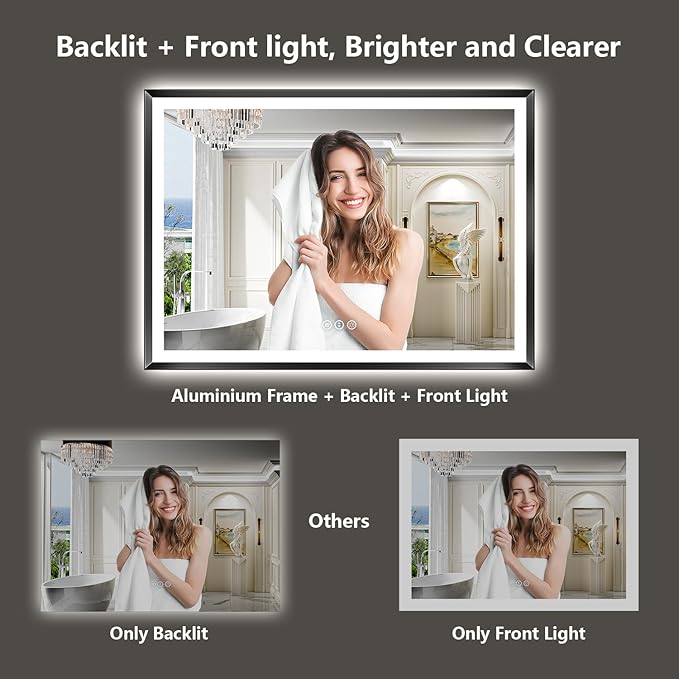48x32 Black Framed LED Bathroom Mirror with Lights, Backlit and Front Light, Lighted Bathroom Vanity Mirror for Wall Dimmable Anti-Fog Memory Tempered Glass Horizontal/Vertical