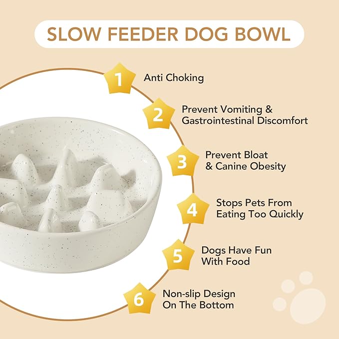 Ceramic 0.9 Cup Dog Bowl Slow Feeder, 6.1inch Slow Dog Food Bowl for Small Dog and Cat, Stop Bloat, Preventing Choking(Single Bowl, Vanilla White)