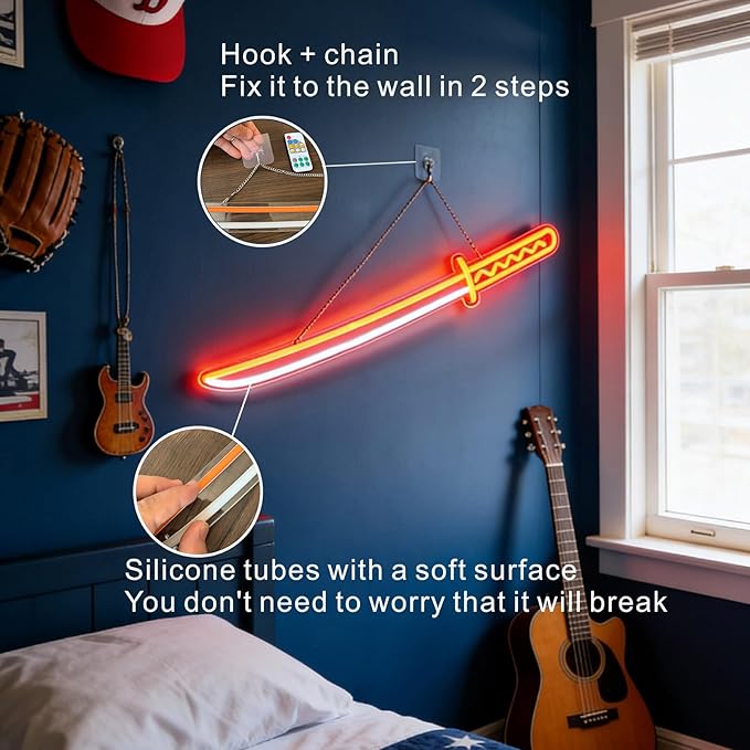 Katana Neon Sign, Light Up Katana LED Sword, Wireless Operated Light Up Sword with Remote, 2-in-1 LED Signs for Wall Decor, Gamer Room Decor for Boys Man Cave Decor, Perfect Teenage Boy Gifts Halloween Christmas Gifts
