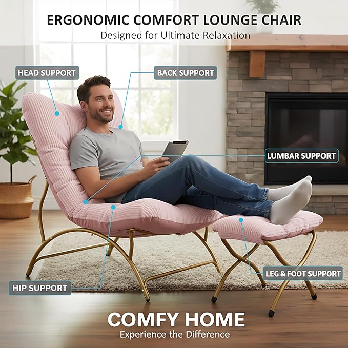 Welnow Modern Accent Chair with Ottoman, Upholstered Comfy Lounge Recliner Sofa, Thick Cushion Oversized Lazy Reading Chair with Footrest for Living Room, Bedroom, Apartment, Office, Dorm, Pink