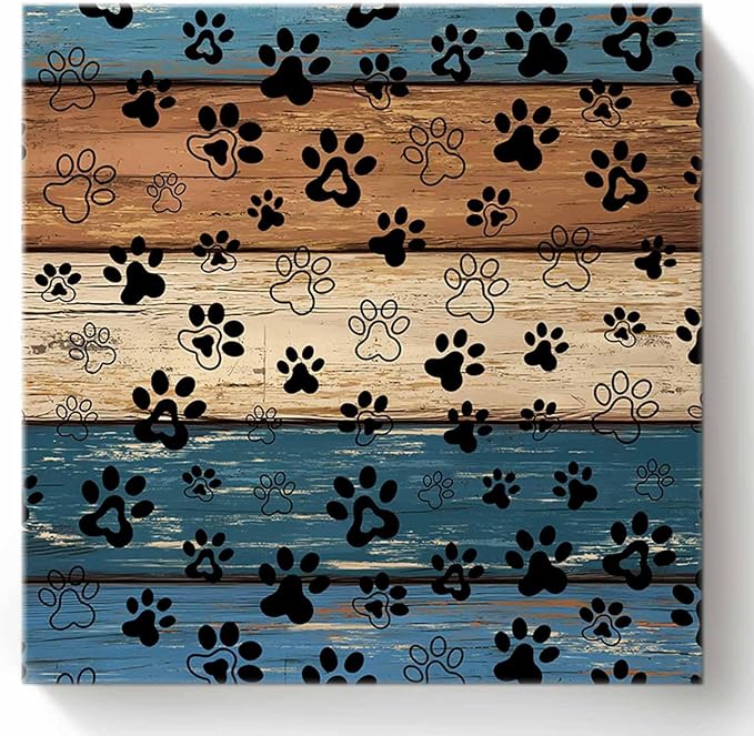 Framed Canvas Wall Art for Living Room Dog Paw Print Wall Decor, Retro Brown Blue Wood Grain Aesthetic Paintings for Bedroom Office Kitchen Bathroom, Ready to Hang Artwork Wall Pictures 20x20 Inch