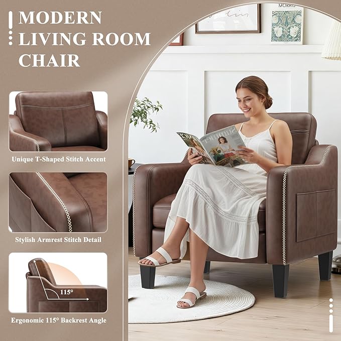 PU Leather Accent Chair, Mid-Century Modern Living Room Armchair Sofa with Removable Cushions, Solid Wood Frame & Stitched Armrest Design, Bedroom Chair with Plastic Legs, Chocolate Brown