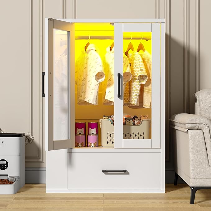 Pet Wardrobe Closet with LED Light, Side Storage Shelves & Drawer, White Pet Clothes Organizer Cabinet with Hanging Rod, Multi-Functional Pet Closet for Dogs & Cats Clothing, Toys