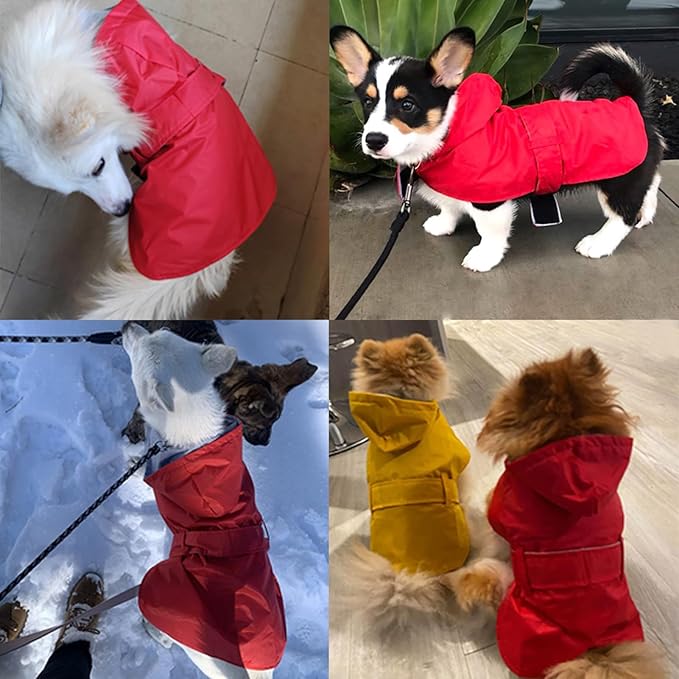 Dog Raincoat Dog Rain Jacket Poncho Waterproof Snowproof Pet Rain Suit Lined Warm Lining Hooded Leash Hole Adjustable Puppy Small Medium Dogs,Red,XL