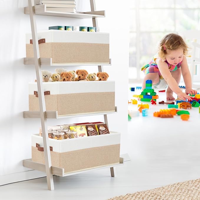 Closet Organizer Bins 3 Pack, Large Storage Bins for Shelves, Foldable Closet Storage Boxes Baskets with Leather Handles for Organizing Clothes, Sheets, Jeans, Toys, Books（Begie）
