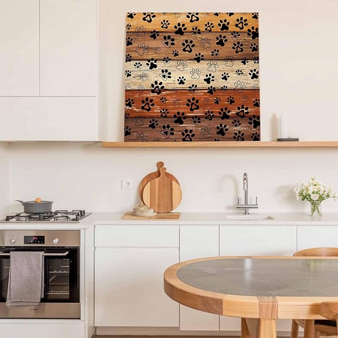 Framed Canvas Wall Art for Living Room Dog Paw Print Wall Decor, Retro Brown Orange Wood Grain Aesthetic Paintings for Bedroom Office Kitchen Bathroom, Ready to Hang Artwork Wall Pictures 16x16 Inch