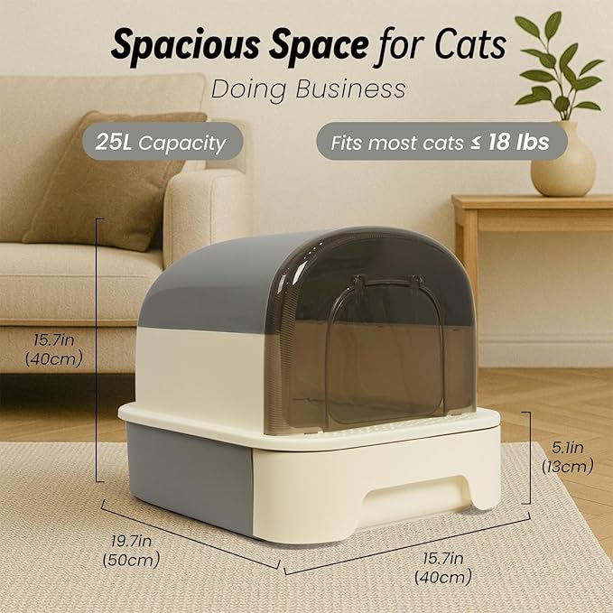 Enclosed Litter Box with Front Door Flap and Scoop, Covered Kitty Litter Box with Handle and Buckles for Portability and Privacy (Misty Gray)