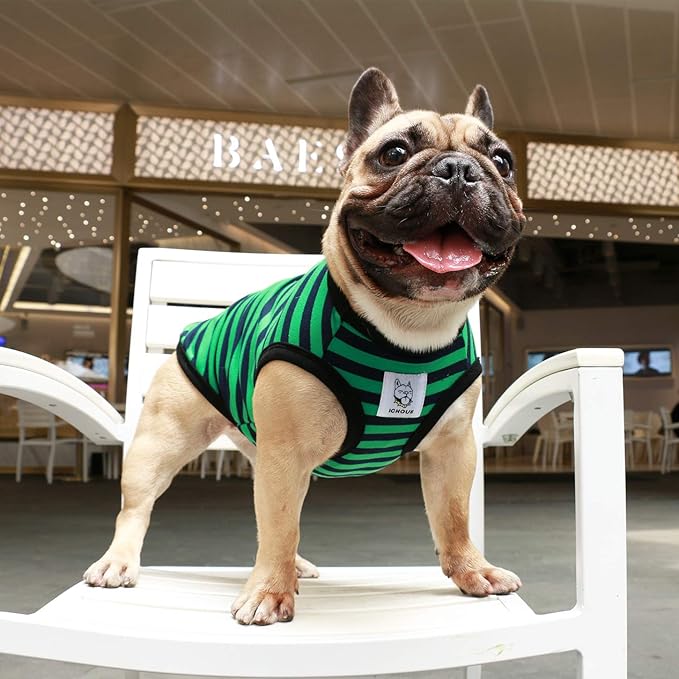 iChoue Pug 100% Breathable Cotton Striped T Shirts Halloween Vest Clothes for Medium Dogs Tank Tops Puppy French Bulldog Frenchie English Boston Terrier Pitbull Green Black Stripes - Small