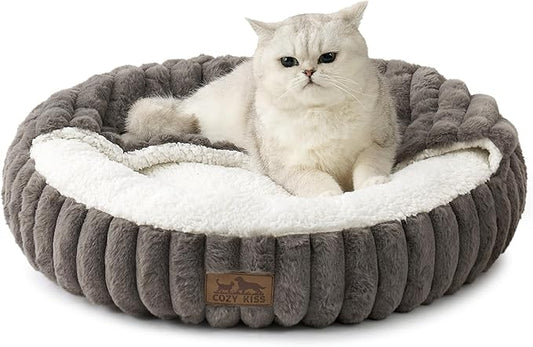 Cat Bed with Hooded Blanket, Round Fluffy Anti-Anxiety Pet Bed for Cats/Small Dogs, Cozy Donut Cuddler with Machine Washable Faux Fur & Anti-Slip Bottom(23"×23"×6",Grey)