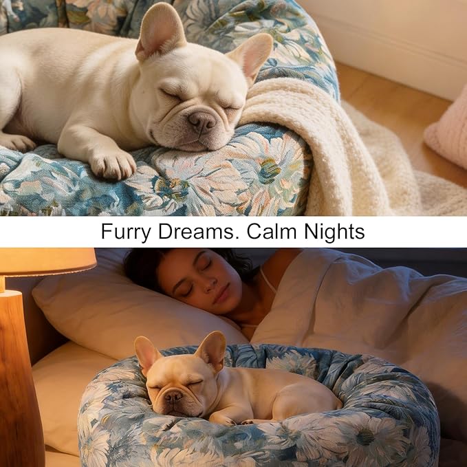 Dog Calming Beds for Small Medium Large Dogs - Round Donut Washable Puppy Dog Bed, Anti-Slip Faux Fur Fluffy Donut Cuddle Anxiety Cat Pet Bed (36" Flower)