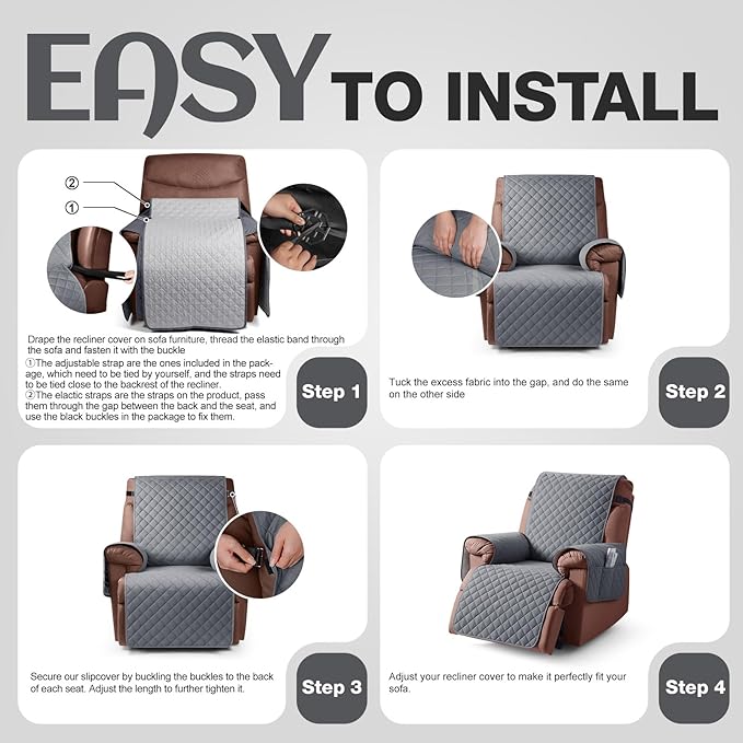 KinCam 100% Waterproof Recliner Chair Cover, Reclining Couch Covers for Pets, Dogs, Recliner Couch Slipcover Furniture Protector with Elastic Straps for Kids(23.6", Dark Gray)