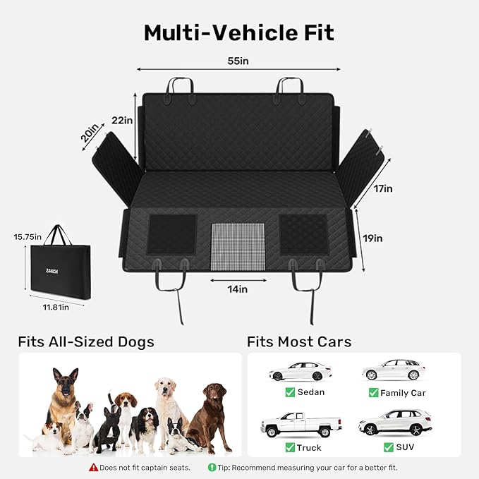 Zanch 2025 Upgrade Dog Car Seat Cover - 100% Waterproof Anti-Scratch, Passenger Friendly Back Seat Protector, Nonslip Pet Hammock with Durable Velcro Side Flap for Cars, SUV, Trucks, Standard-Black