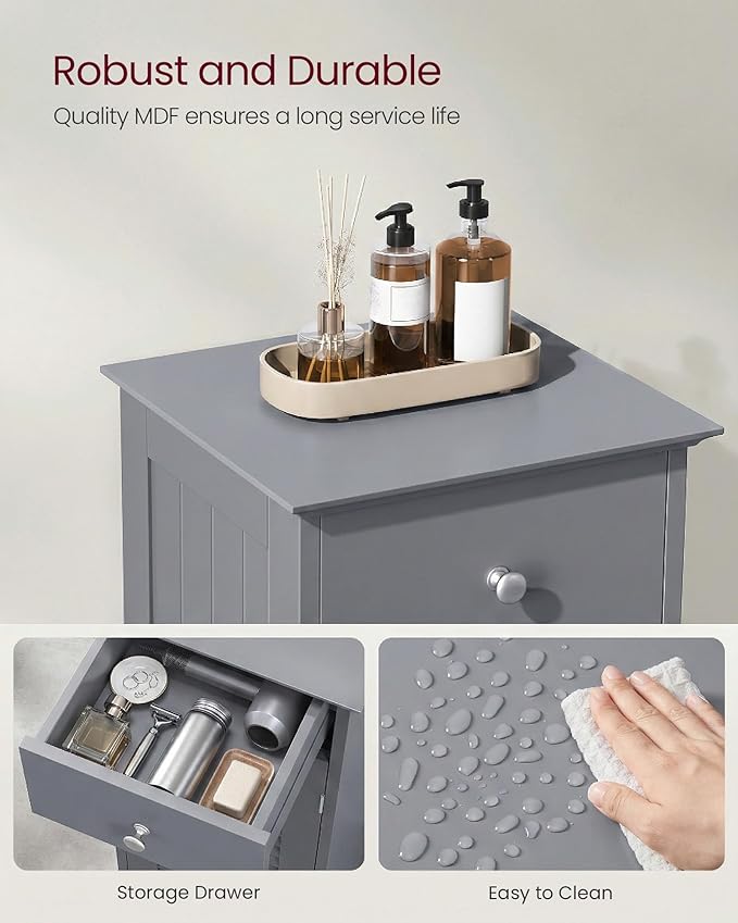 VASAGLE Storage Cabinet, Small Slim Floor Cabinet with Drawer and Shutter Door, for Living Room, Bathroom, 11.8 x 12.6 x 34.3 Inches, Dove Gray UBBC043G02