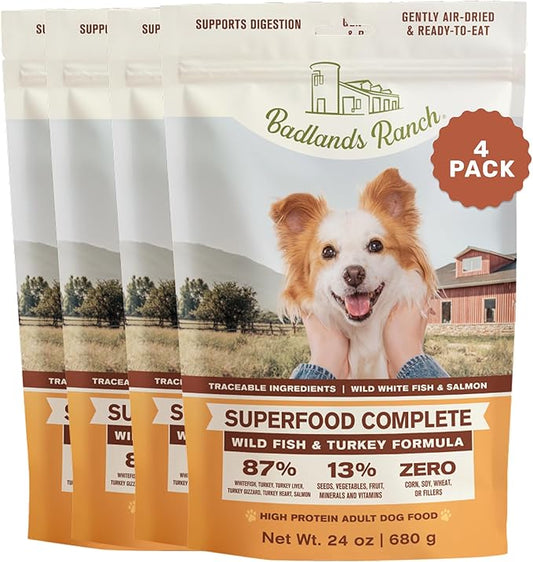 BADLANDS RANCH by Katherine Heigl- Superfood Complete, Air-Dried Adult Dog Food - High Protein, Zero Fillers, Superfood Nutrition (24 Ounce (Pack of 4), Fish & Turkey)