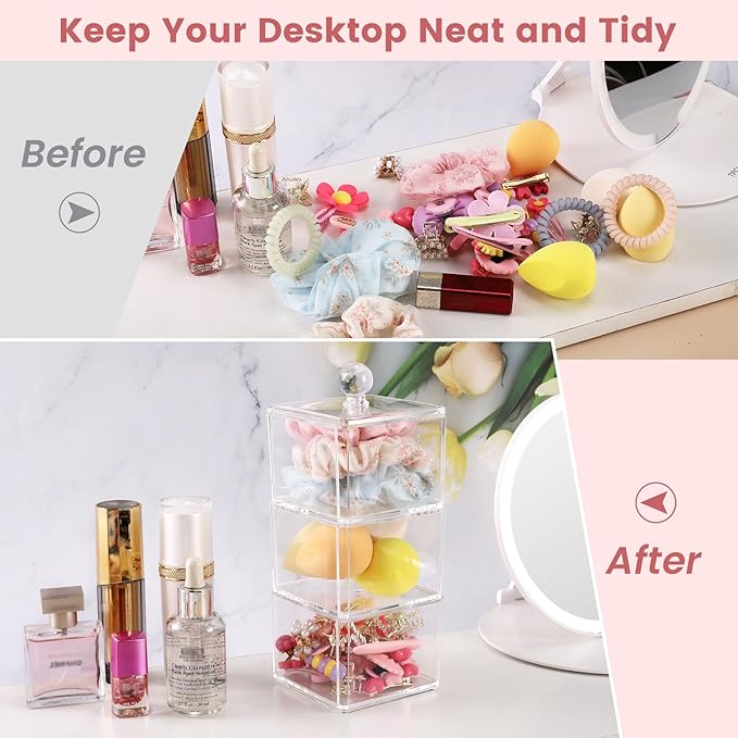 Hair Accessories Organizer for Girls, Clear 3 Stackable Acrylic Hair Tie Organizer for Headband, Bows, Cotton Swab Organization, Bathroom Containers Hair Clip Holder Storage with Lids