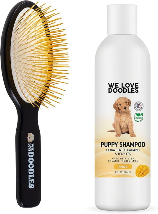 We Love Doodles Puppy Shampoo & Conditioner and Pin Brush | Oatmeal Bathing | Sensitive & Itchy Skin Wash | Brush for Grooming Pet Hair | Brush for Shedding and Removing Loose Fur | Made in USA