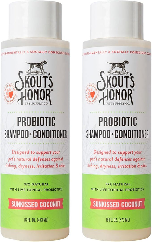 Skout's Honor Probiotic Dog Shampoo & Conditioner with Avocado Oil & Omega-3s, 97% Natural, Paraben & Sulfate-Free, Cruelty-Free, 16oz, Sunkissed Coconut, 2-Pack