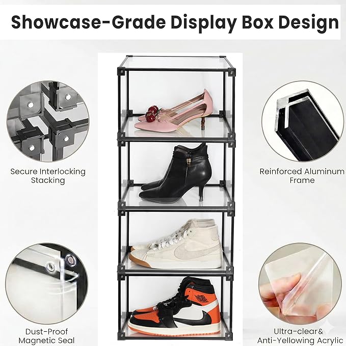 Magnetic Side Open Transparent Plastic Storage Shoe Box Clear Shoe Display Case Sneaker Shoe Storage Box Display Box Shoe Container Clear Closet Shelf Shoe Organizer (Black 8PC)