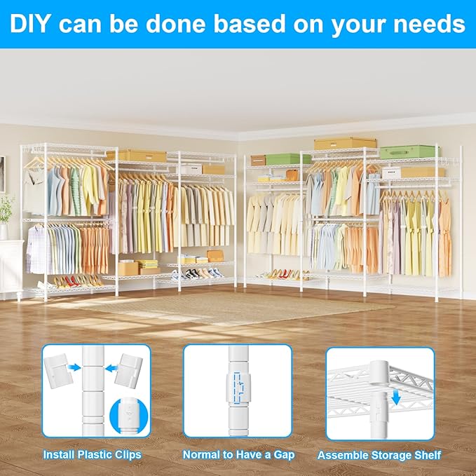 Ulif E13 Max Heavy Duty Clothes Rack（With 4 Hanger Rods & 8 Shelves） Freestanding Clothing Racks for Hanging Clothes，Adjustable Closet，Metal Garment Rack 86" W x16 D x77 H，Max Load 1100LBS，White