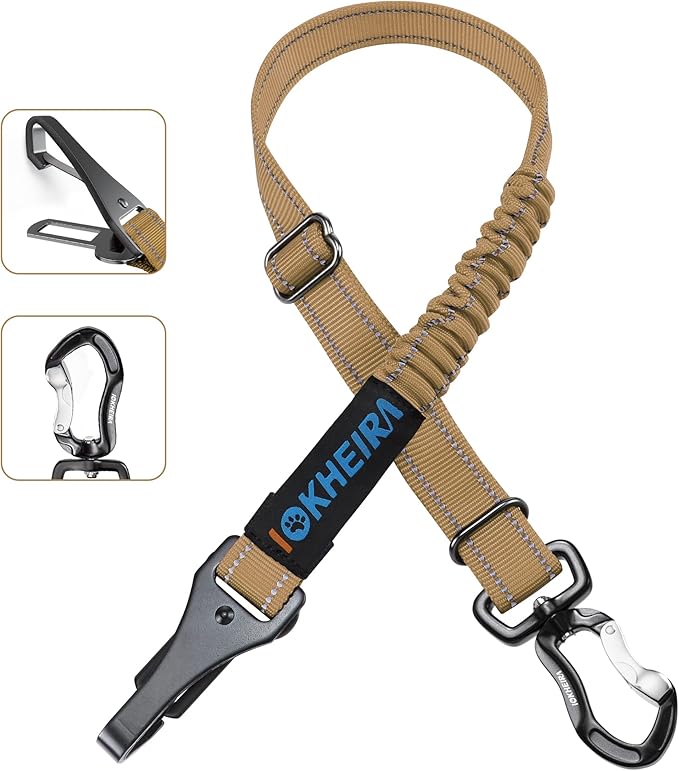 IOKHEIRA Dog Seatbelt – Reflective Bungee Harness with Swivel Aluminum Carabiner (Green)