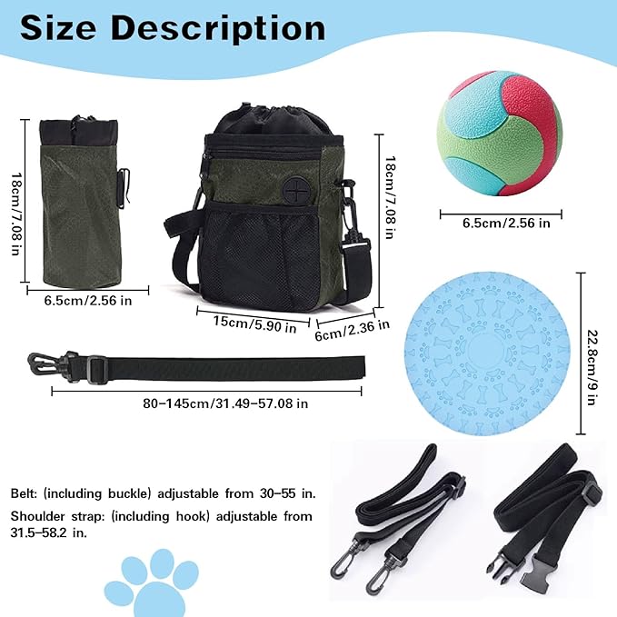 Dog Training Treat Pouch with Water Bottle Pouch – Includes Dual-purposeTraining Disc and Durable Chewable Bounce Ball,Features 3 Convenient Wearing Styles for Dog Walking,Outdoor and Training