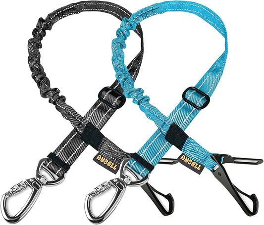 AUBELL Dog Seat Belt for Car,2 Pack Set 3-in-1 Adjustable Reflective Bungee Heavy Duty Dog Car Harness Tether with Clip Hook Latch & Buckle,Swivel Zinc Alloy Carabiner,Black+Blue
