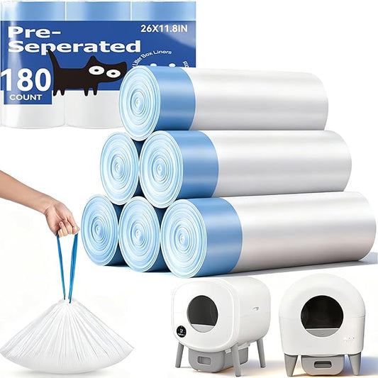 180 Count Automatic Cat Litter Box Bags Compatible with Cmg Fmo Fstg Robot Litter box, Pre-Seperated Thick Self-Cleaning Cat Litter Box Replacement Liners with Drawstring Heavy Duty-26"x11.8"