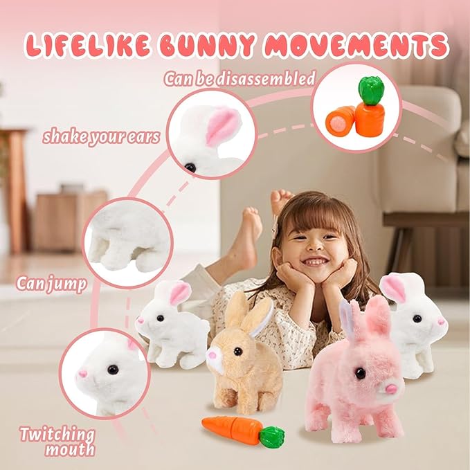 Easter Bunny Toy, Rabbit Interactive Hopping Electronic Pet Plush Bunny Toy with Sounds and Movements Animated Walking Wiggle Ears Twitch Nose (White)