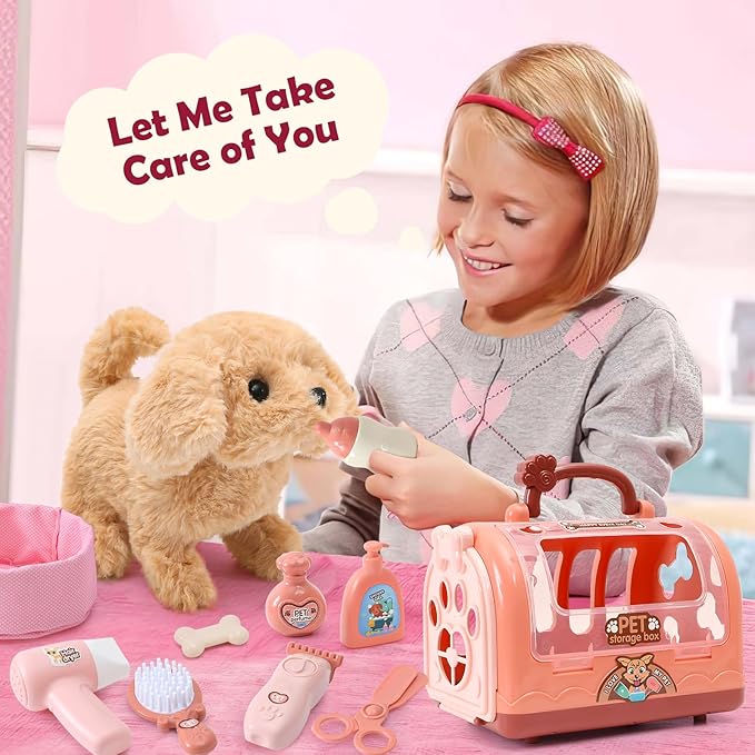 Golray Dog Toys for Kids Girls, Electronic Interactive Walking Barking Dog with 12 Pcs Carrier & Accessories Toddler Girl Toy Dog Puppy Pet Care Pretend Play Set, Birthday Gift for Little Girl 3 4 5 6