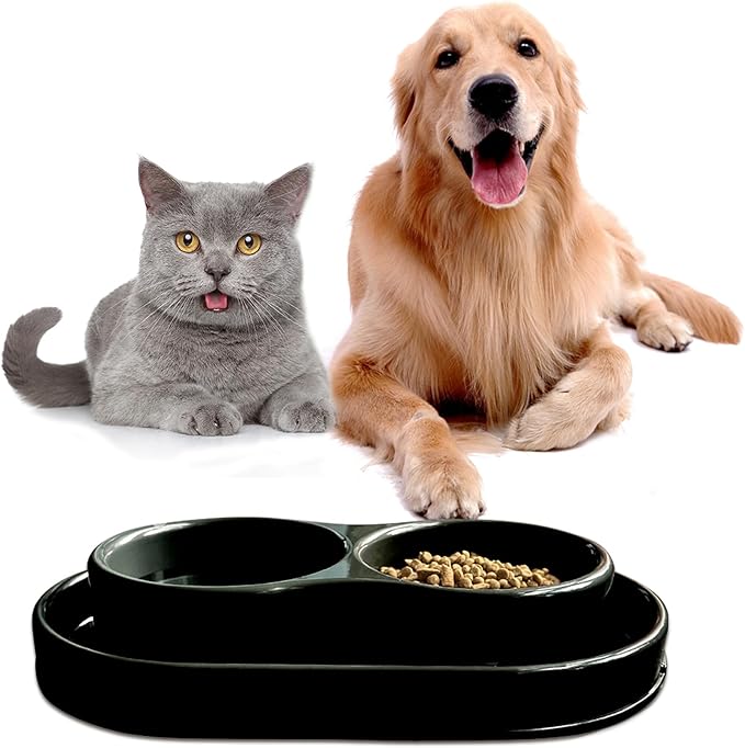 PetLike Double Dog Water and Food Bowls,Pet Feeder Bowls for Puppy Medium Dogs Cats (Black, 15.5X9.5X2.75 INCH)