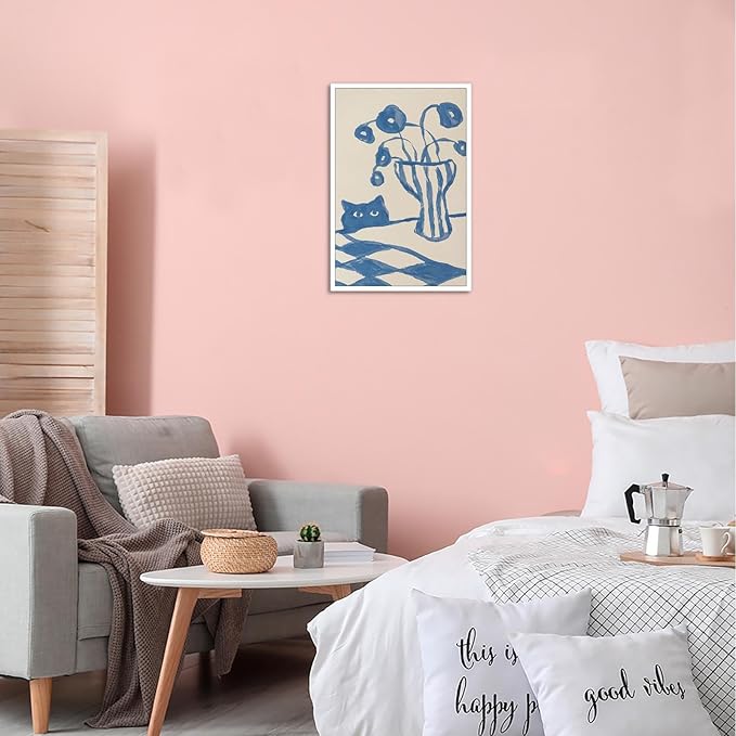 Funny Sneaky Cat Poster Scandi Animal Sketch Canvas Wall Art Blue Modern Abstract Flower Vase Aesthetic Prints Painting For Living Room Kitchen Dining Room Wall Decor 12x16in Unframed