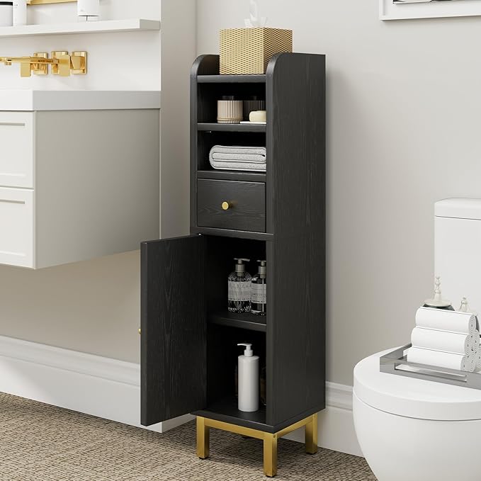 Slim Bathroom Storage Cabinet, Corner Bathroom Cabinet, Narrow Toilet Paper Storage, Small Bathroom Storage, Bathroom Floor Cabinet for Small Spaces, Towel Cabinet for Bathroom, Black