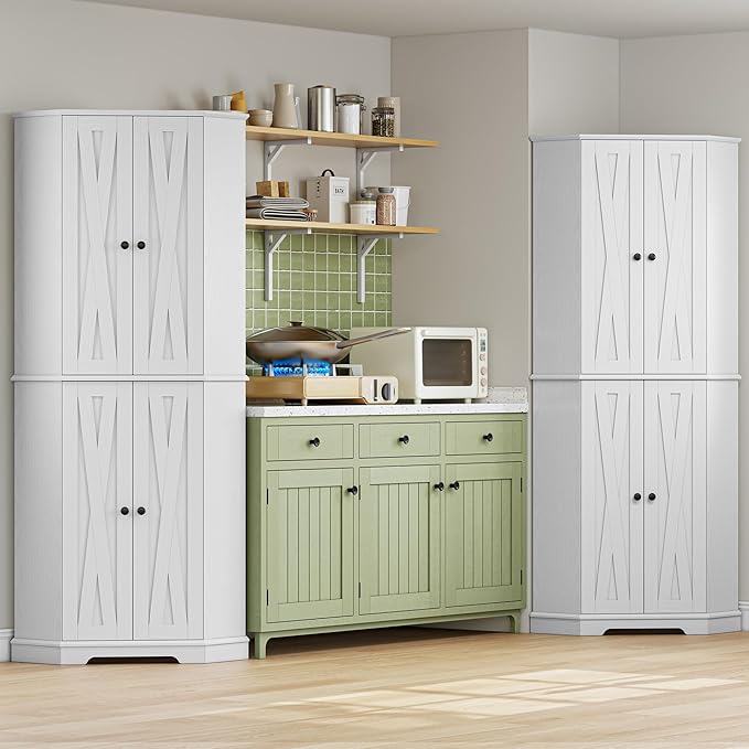 IRONCK Corner Cabinet, 72" H Kitchen Pantry Storage Cabinet, 4 Barn Doors with Storage Rack, 4 Adjustable Shelves, 6-Tier Tall Food Pantry Cabinet, Farmhouse Hutch for Kitchen Dining Room, White