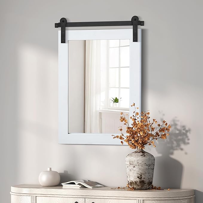 COGOOD Farmhouse Barn Door Mirror - 21 x 30 Rustic Wood Framed Wall Mirror for Bathroom, Living Room, Entryway Wall Decor (Pure White)