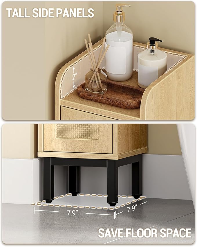Slim Bathroom Storage Cabinet, Narrow Bathroom Organizers and Storage with 4 Adjustable Feet, Laundry Room Organization for Small Space, Kitchen, Living Room, 2 Doors Rattan Yellow BC22402Y