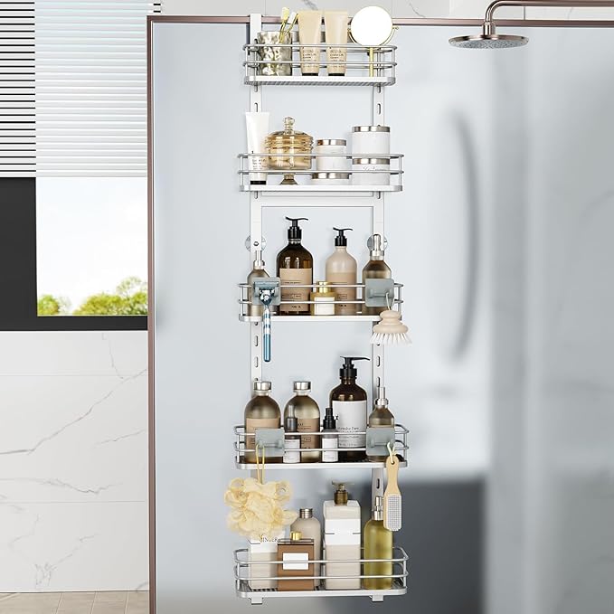 Orimade Over the Door Shower Caddy Adjustable 5 Tier Silver,Bathroom Hanging Organizer Shelf Rustproof with 4 Hooks,Shower Basket with Soap Holder and Suction Cup Bathroom