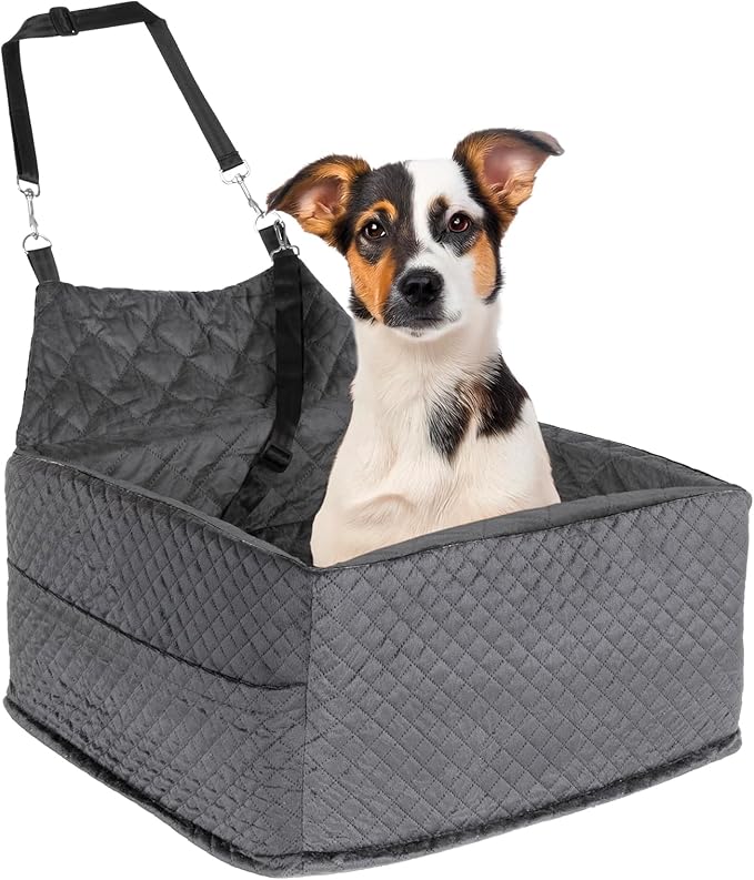Memory Foam Dog Car Seat for Small/Medium Dogs,Travel Booster Seat for Dogs up to 35 lbs, Washable Removable Cover & Storage Pockets, Comfortable & Safe Car Seat for Pet Travel