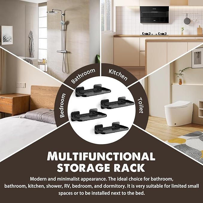 2 Pack Adhesive Floating Shelves No Drill Small Floating Shelf for Wall Storage Damage-Free Wall Mounted Organizer for Bathroom, Kitchen, Bedroom & Office (Black-4pcs)