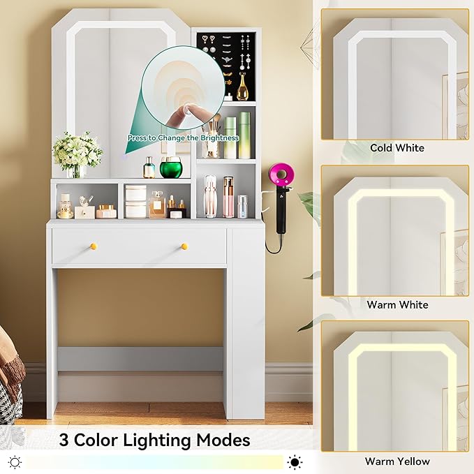 YITAHOME Vanity Table with Lighted Mirror, Jewelry Organizer and Ample Storage