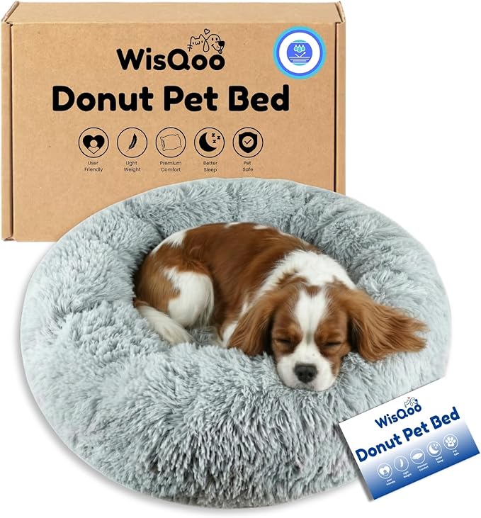 Calming Pet Bed with Water-Resistant Inner Liner – Anti-Anxiety Donut Dog & Cat Bed with Removable Washable Cover – Supportive Plush Nest, Non-Slip & Cushion Protection – Large, Grey