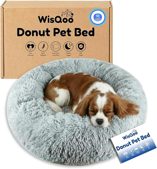 Calming Pet Bed with Water-Resistant Inner Liner – Anti-Anxiety Donut Dog & Cat Bed with Removable Washable Cover – Supportive Plush Nest, Non-Slip & Cushion Protection – Large, Grey