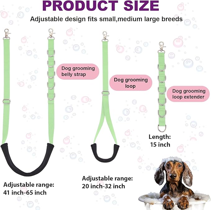 Dog Grooming Belly Strap - 3PCS Grooming Restraint Set Adjustable Belly Band Loops Strap with Padded Support & Loop Extension Straps Pet Grooming Harness Kit for Dogs (Mint Green)