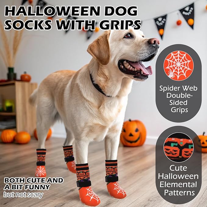 EXPAWLORER Halloween Anti Slip Dog Socks to Prevent Licking Paws, Boots & Paw Protectors with Spider Web Grippers,Doggie Booties for Hardwood Floors for Small Medium Large Senior Dogs Orange Pumpkin M