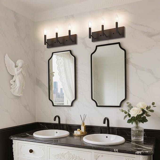 Kalium Bathroom Light Vanity Fixtures Over Mirror, 3-Lights Modern Matte Black Wall Sconces, Minimalist Wall Lights for Livingroom Bedroom Entryway Hallway Staircase, E12 Base(Bulbs Not Included)
