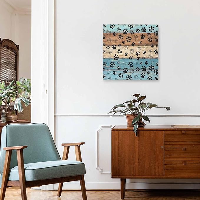 Framed Canvas Wall Art for Living Room Dog Paw Print Wall Decor, Retro Brown Teal Blue Wood Grain Aesthetic Paintings for Bedroom Office Kitchen Bathroom, Ready to Hang Wall Pictures 24x24 Inch
