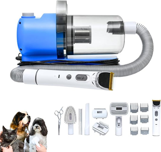 Grooming Kit for Dogs & Cats, with Vacuum, Removes up to 99% of Fur, Brushes, Clippers, for Shedding, Low noise, Adjustable Speed Suction, 16 pcs, Blue, Carolina Pets